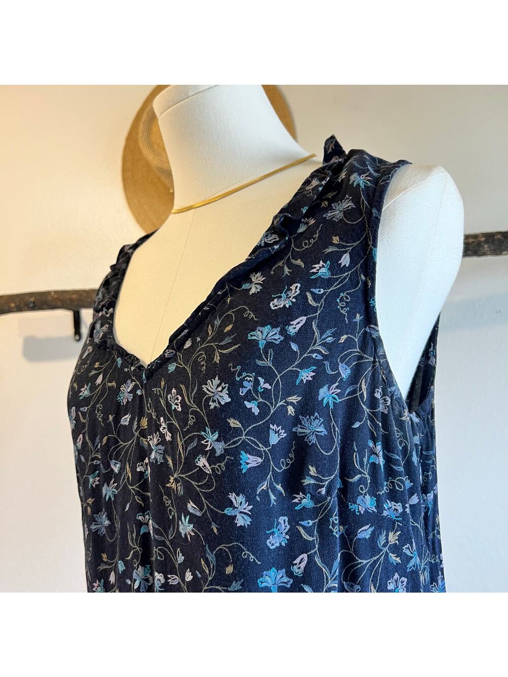 90s GAP Blue Floral Ruffled Trim Mini Summer Dress Size Large Rayon